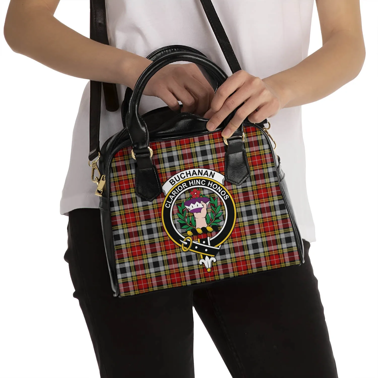 Buchanan Old Dress Tartan Shoulder Handbags with Family Crest