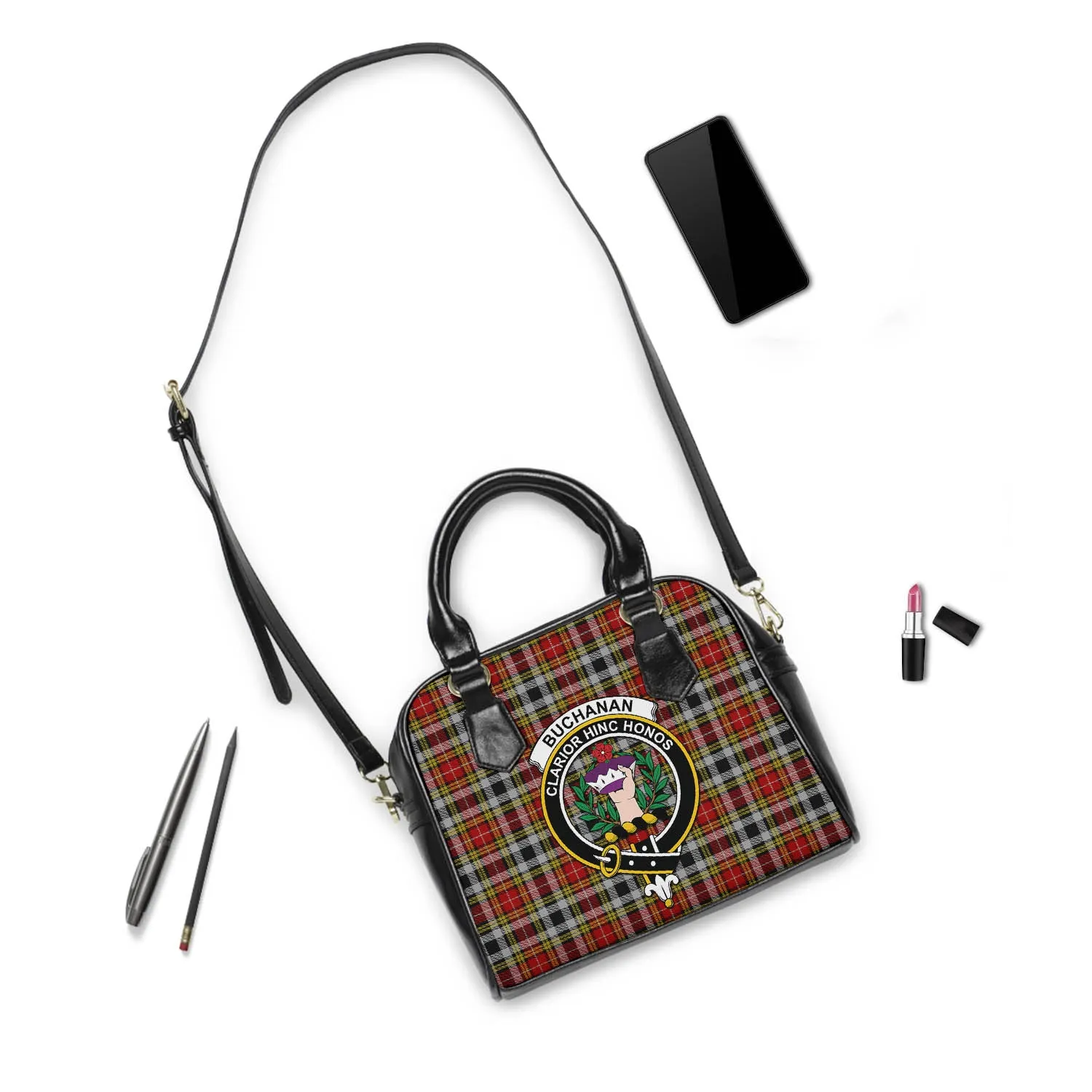 Buchanan Old Dress Tartan Shoulder Handbags with Family Crest