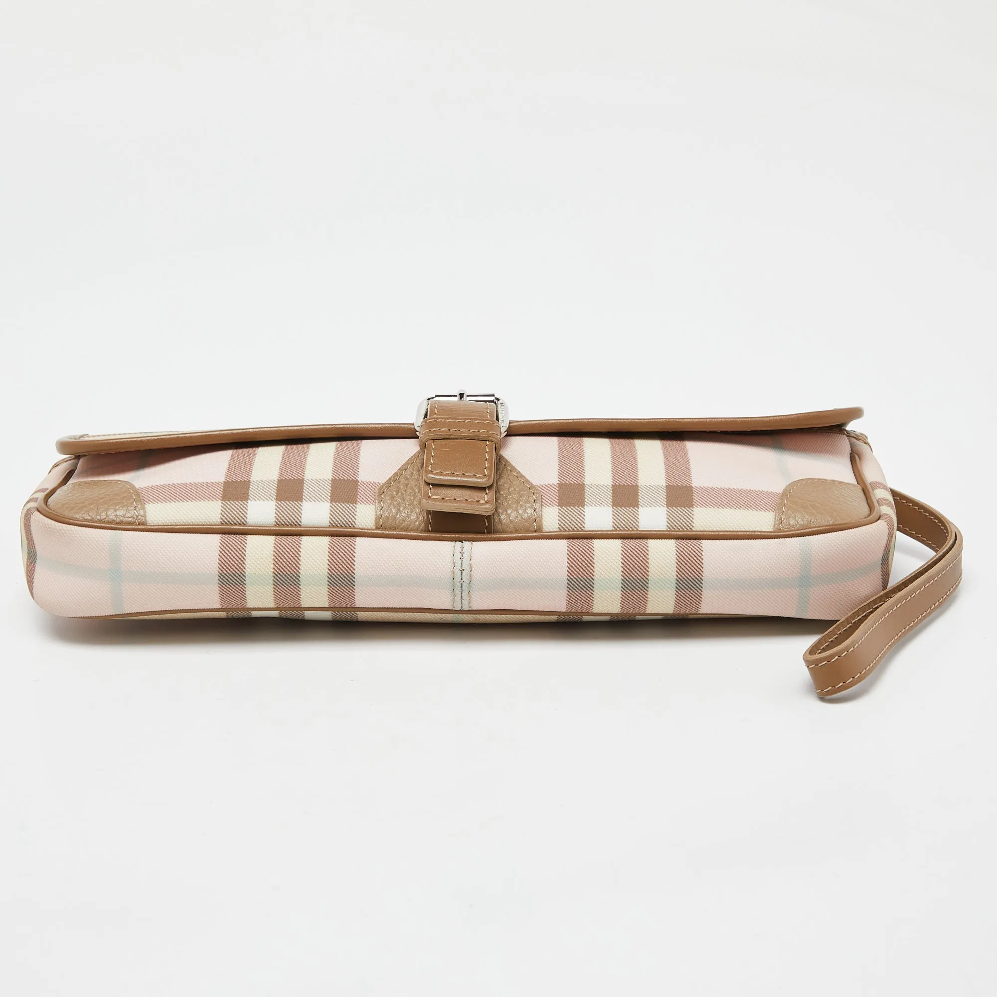 BURBERRY Pink/Beige House Check PVC and Leather Buckle Flap Wristlet Clutch