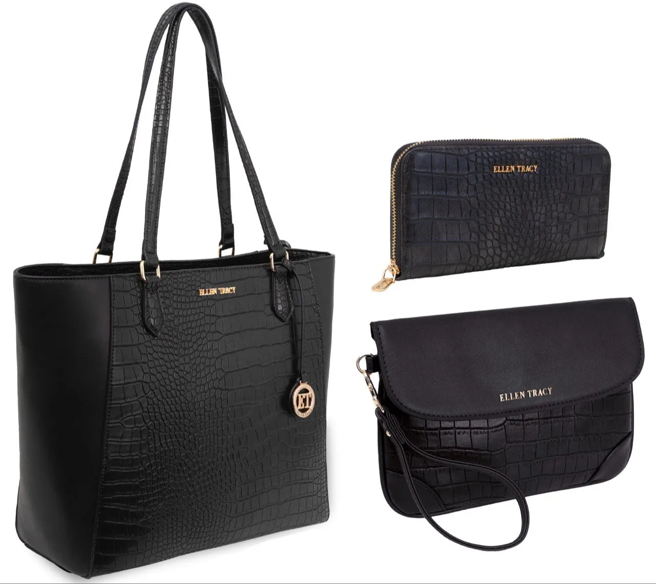 Ellen Tracy Croco Shoulder Tote Bag &Single Zip Wallet & Clutch Wristlet Set