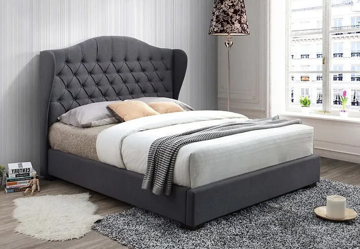 Grey Fabric Bed w/ Tufted Headboard - King & Queen Size