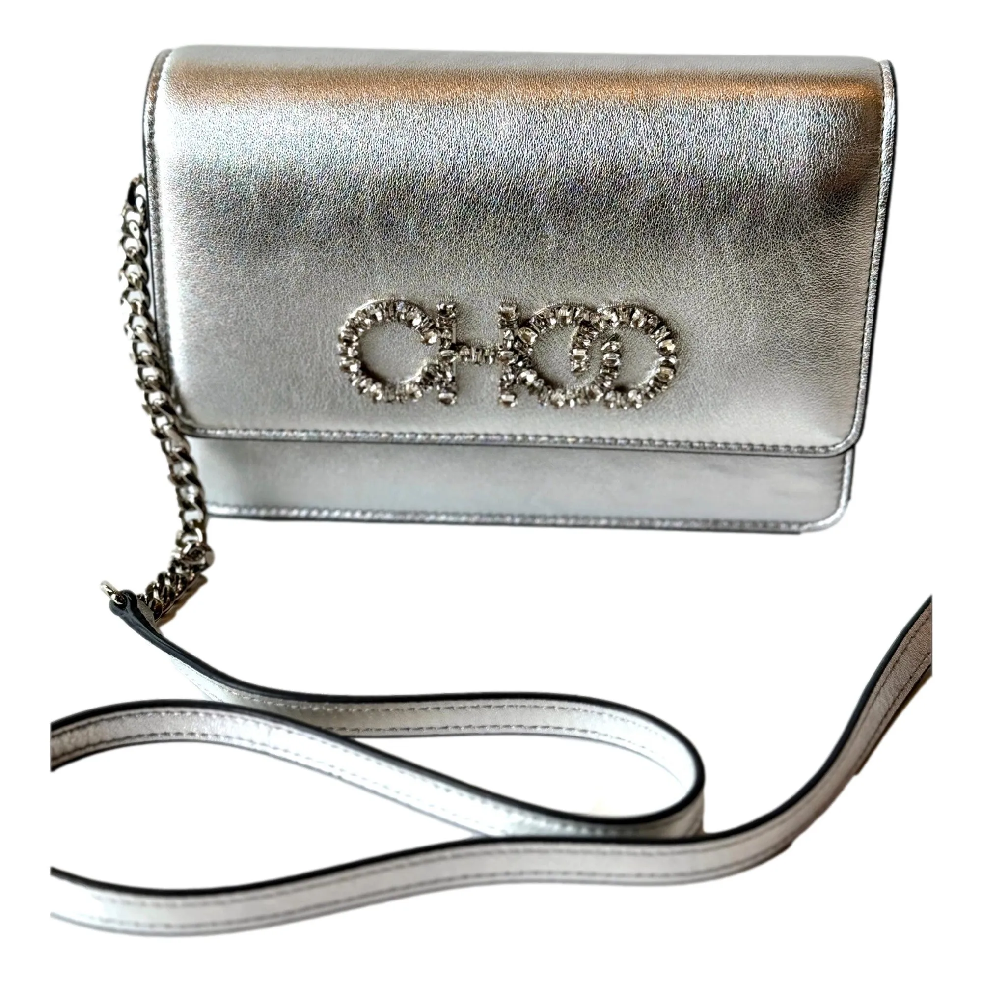 Jimmy Choo Kalina  Crossbody Clutch Bag Crystal Logo Metallic Silver