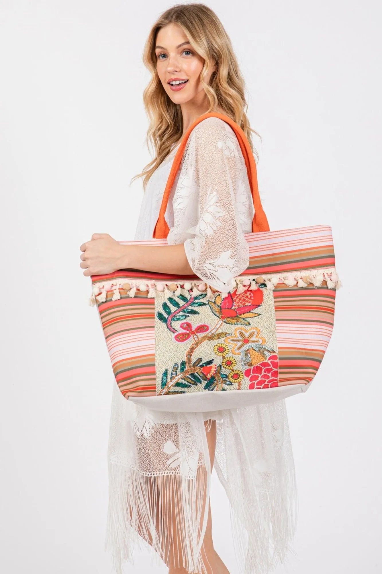 MB0252 Genesis Boho Flower Print Tassel Tote Bag