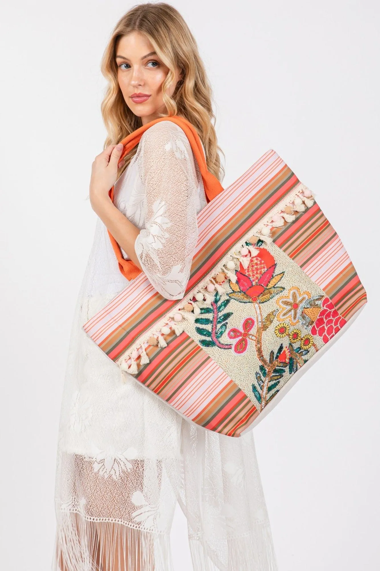 MB0252 Genesis Boho Flower Print Tassel Tote Bag