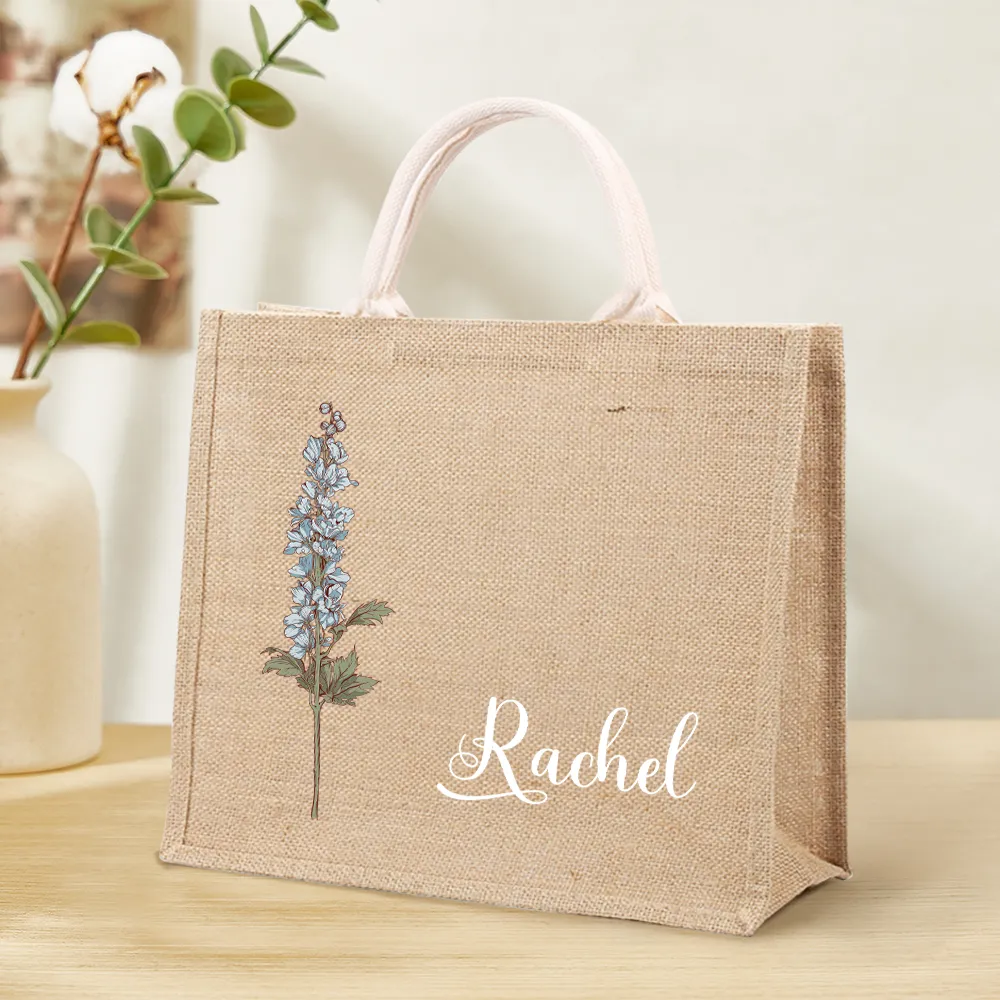 Personalized Birth Flower Beach Jute Tote Bag with Name Birthday Wedding Party Gifts for Her