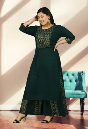 Plus Size Embellished Bottle Green & Gold Kurta Sharara Set