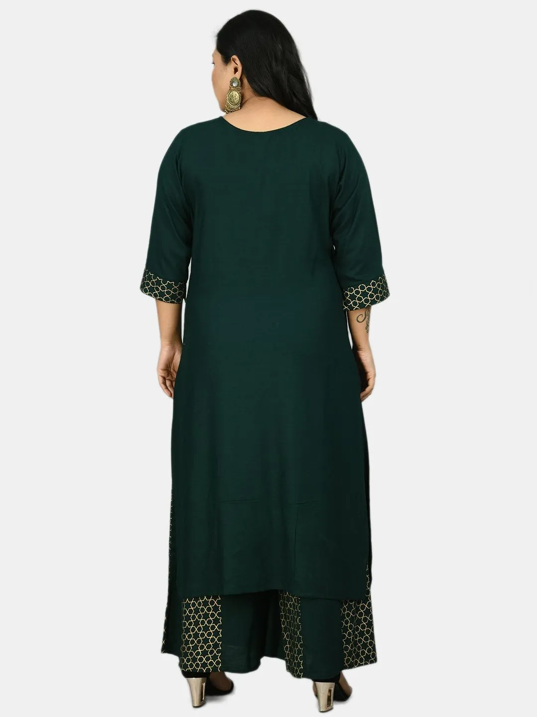 Plus Size Embellished Bottle Green & Gold Kurta Sharara Set