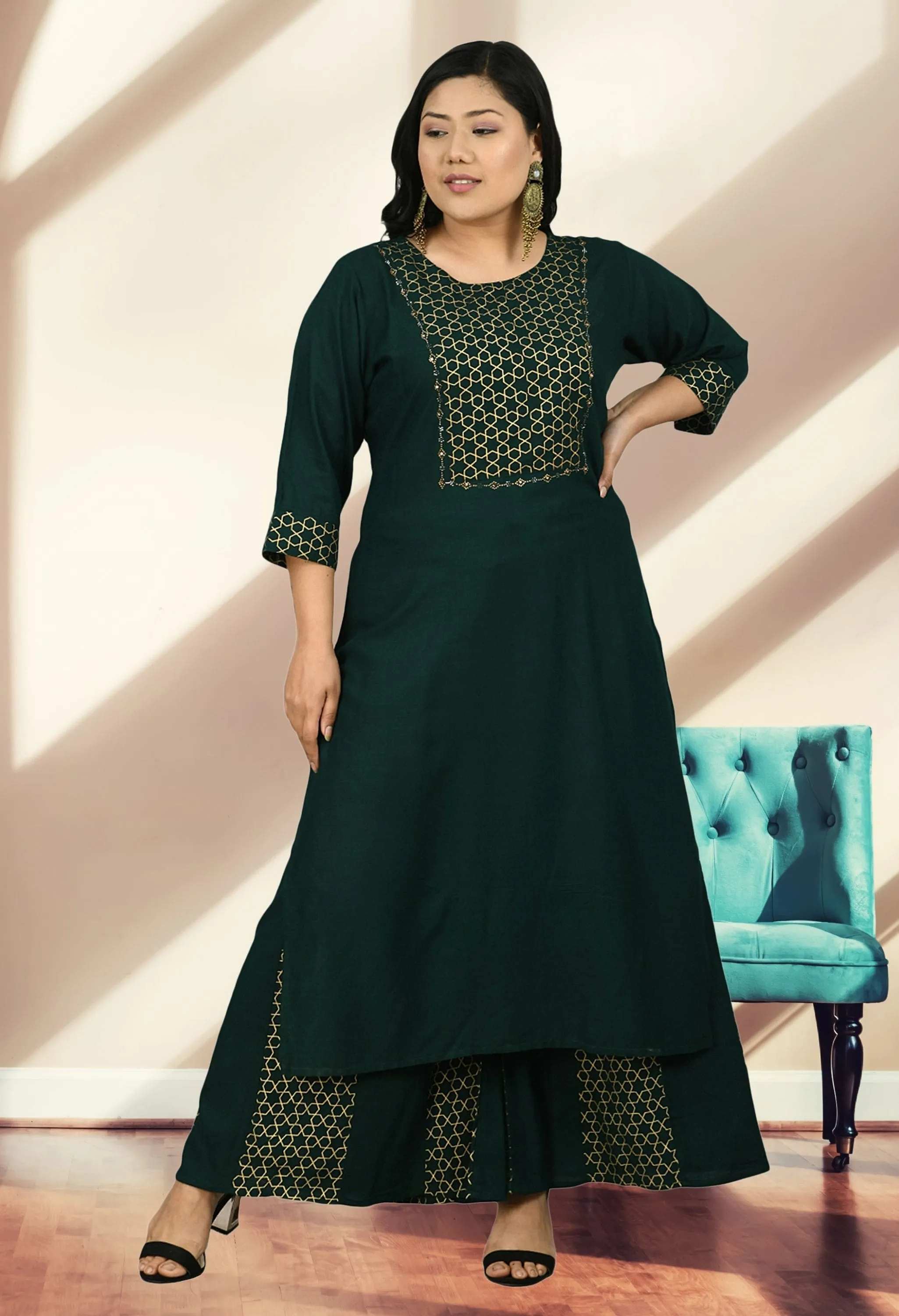 Plus Size Embellished Bottle Green & Gold Kurta Sharara Set