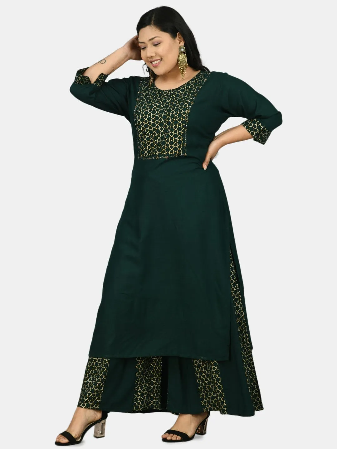 Plus Size Embellished Bottle Green & Gold Kurta Sharara Set