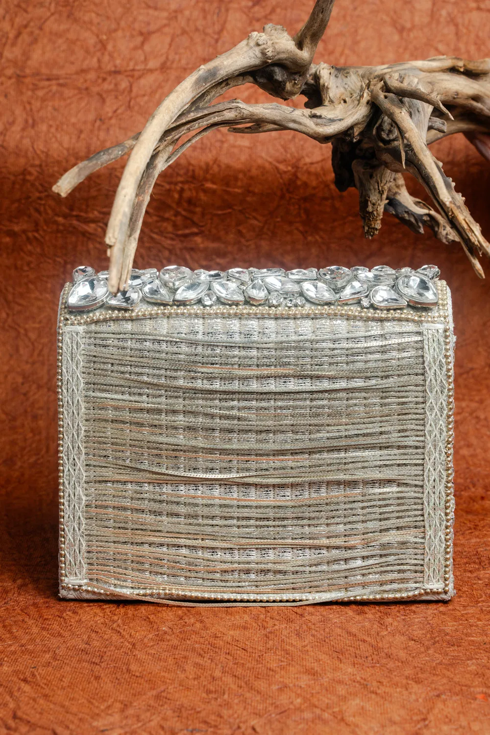 Silver Silk Embroidered Box Clutch