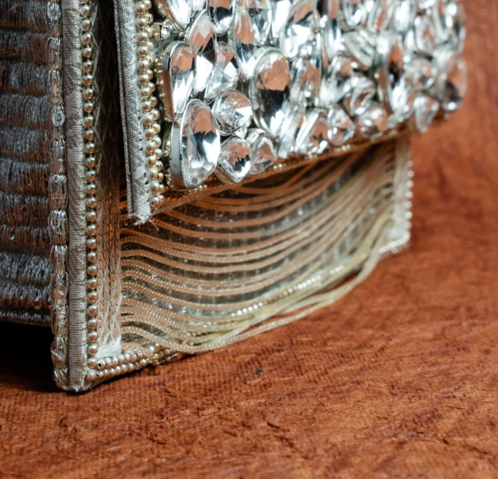 Silver Silk Embroidered Box Clutch