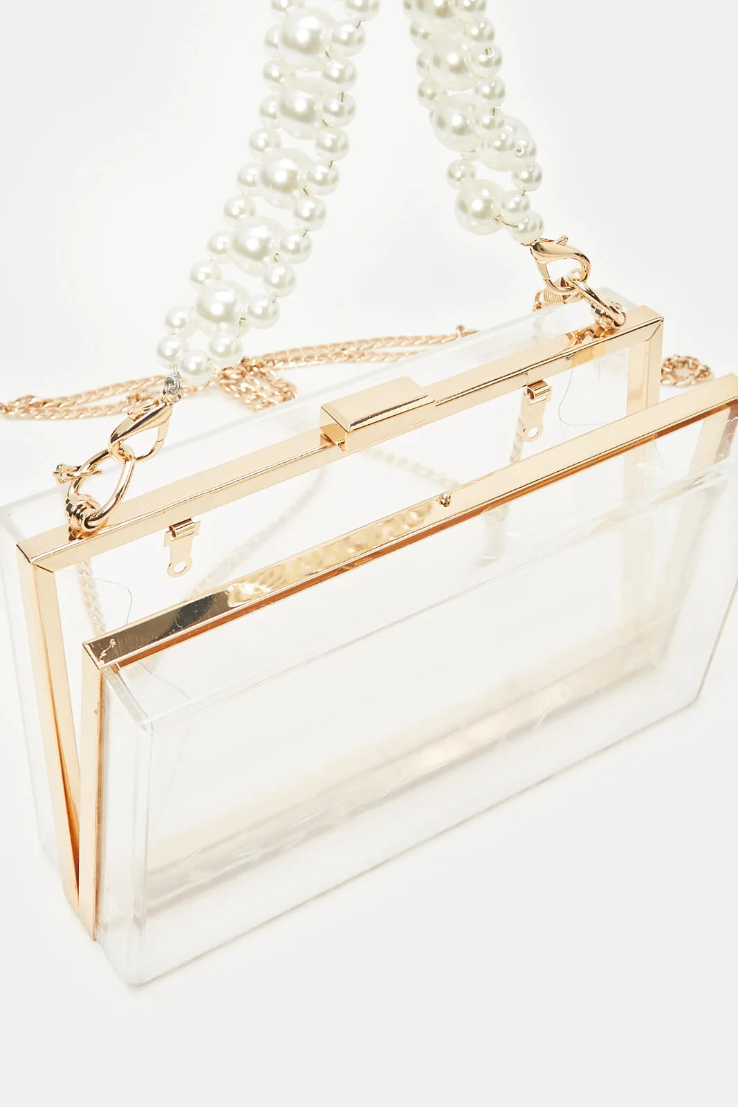 Women Clear And Gold Embellished Clutch Bag